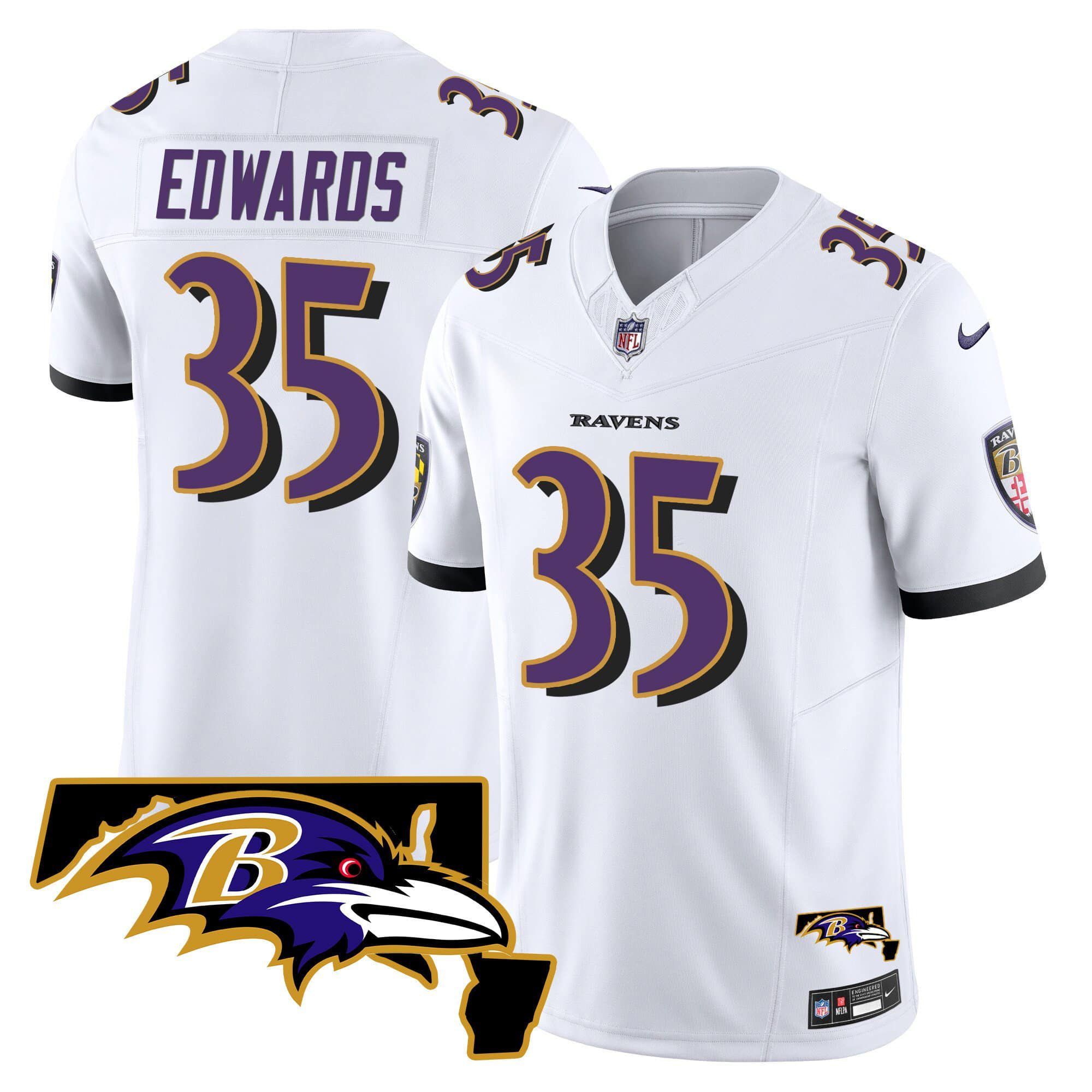 Men Baltimore Ravens 35 Edwards White 2024 Nike Maryland Patch Vapor Limited NFL Jersey